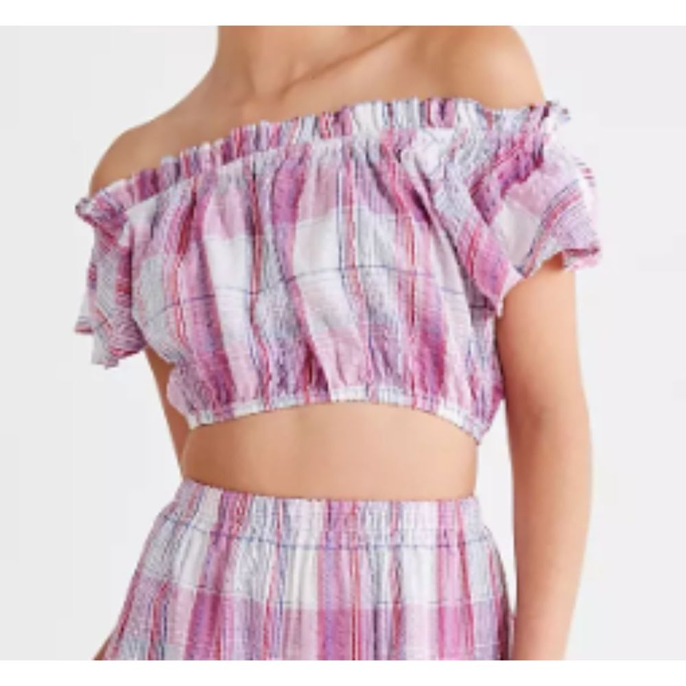 Urban Outfitters Pink Purple Plaid Smocked Madras Off-The-Shoulder Cropped Top L